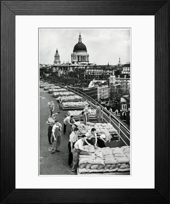 Framed Print : Outbreak of WWII Sandbagging flat roof of an office building Framed Print : Outbreak of WWII Sandbagging flat roof of an office building