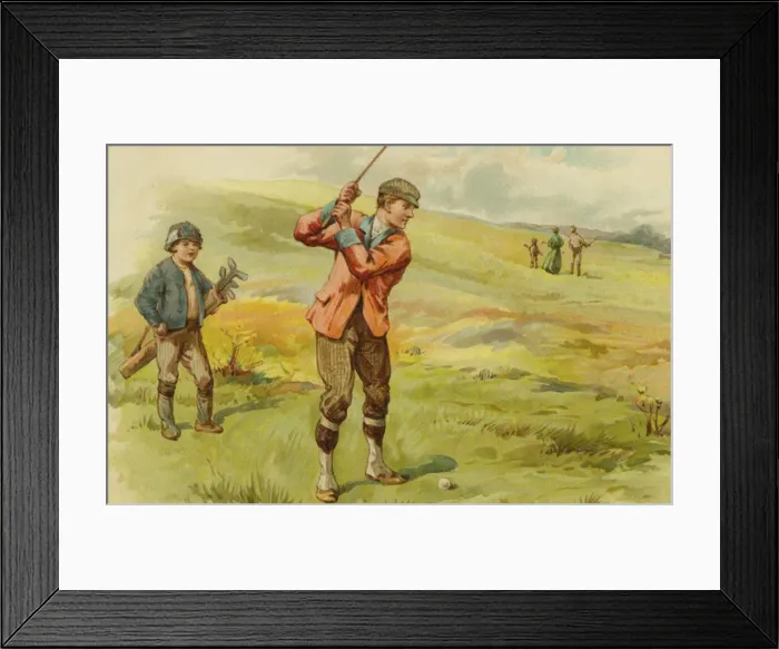 Framed Print : Golf. Man playing golf with a small boy as caddy. Date: circa 1900 Framed Print : Golf. Man playing golf with a small boy as caddy. Date: circa 1900