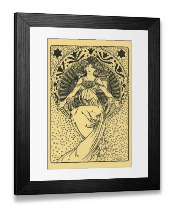 Framed Print : Glamour. Glamorous lady wearing crown seated on throne framed by circular motif