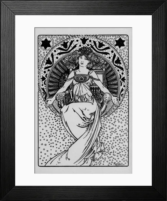 Framed Print : Glamour. Glamorous lady wearing crown seated on throne framed by circular motif Framed Print : Glamour. Glamorous lady wearing crown seated on throne framed by circular motif