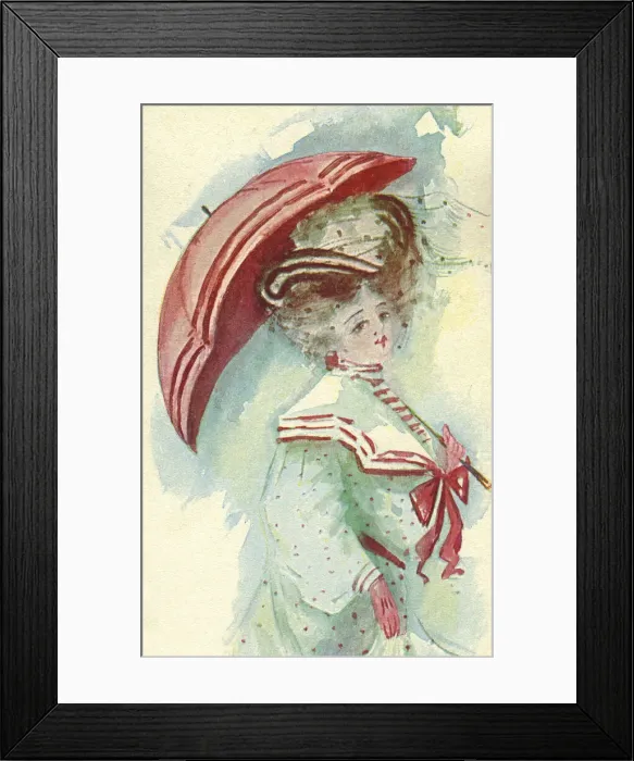 Framed Print : Glamour. Edwardian lady in pale green dress with red trim, carrying an umbrella Framed Print : Glamour. Edwardian lady in pale green dress with red trim, carrying an umbrella