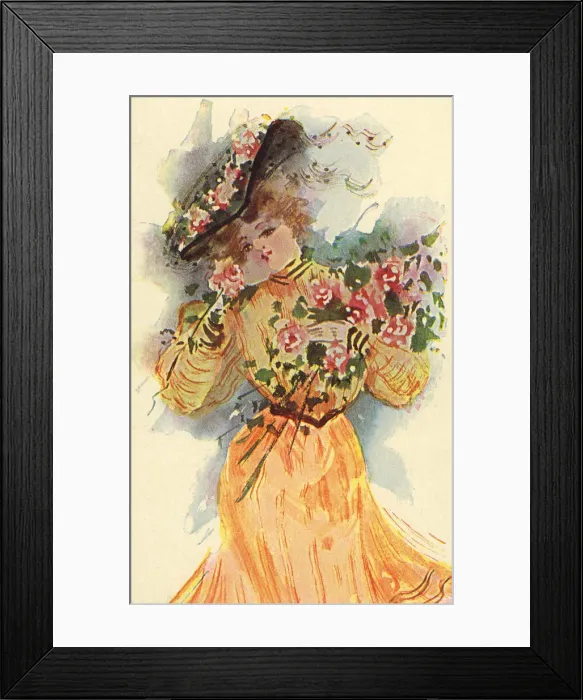 Framed Print : Glamour. Edwardian lady in orange dress and hat decorated with roses carrying Framed Print : Glamour. Edwardian lady in orange dress and hat decorated with roses carrying