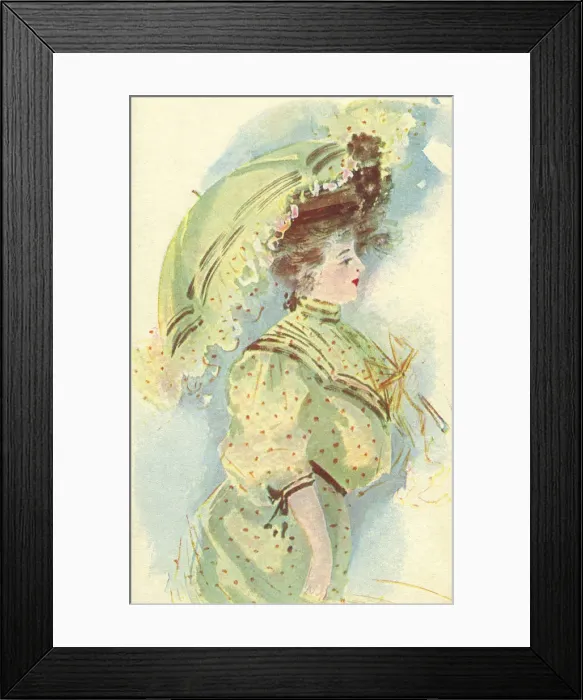 Framed Print : Glamour. Edwardian lady pale yellow spotted dress carrying umbrella with Framed Print : Glamour. Edwardian lady pale yellow spotted dress carrying umbrella with