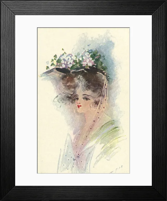 Framed Print : Glamour. Edwardian lady wearing hat trimmed with pink Framed Print : Glamour. Edwardian lady wearing hat trimmed with pink