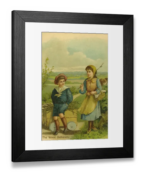 Framed Print : Children. Wood Gatherers. Boy and girl gathering twigs in wooden cart. Date: circa 1903 Framed Print : Children. Wood Gatherers. Boy and girl gathering twigs in wooden cart. Date: circa 1903