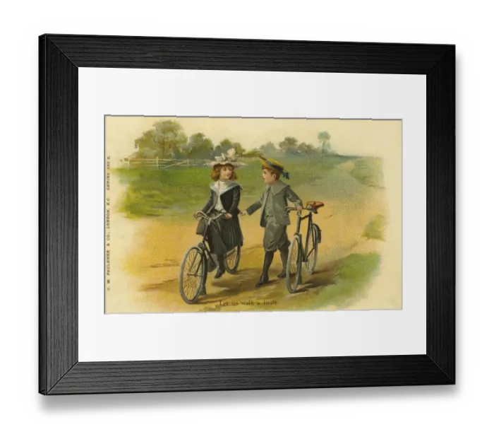 Framed Print : Cycling. Let us walk a little. Edwardian girl and boy with bicycles in country scene Framed Print : Cycling. Let us walk a little. Edwardian girl and boy with bicycles in country scene