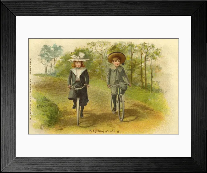 Framed Print : Cycling. A Cycling we will go. Edwardian boy and girl cycling along country lane Framed Print : Cycling. A Cycling we will go. Edwardian boy and girl cycling along country lane