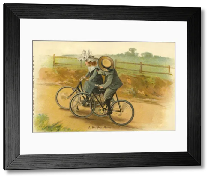 Framed Print : Cycling. A helping hand. Boy helping girl to cycle uphill Framed Print : Cycling. A helping hand. Boy helping girl to cycle uphill