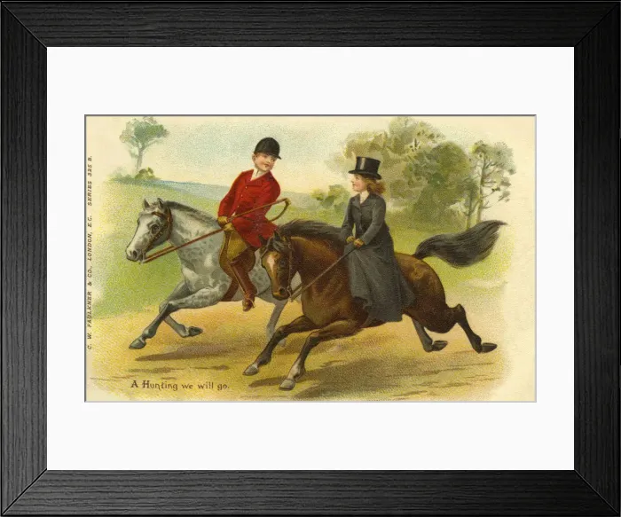 Framed Print : Hunting. A Hunting we will go. Edwardian man and woman on horseback in hunting dress Framed Print : Hunting. A Hunting we will go. Edwardian man and woman on horseback in hunting dress