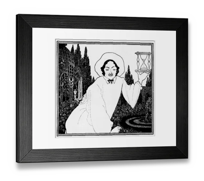 Framed Print : Headpiece. Illustration of man holding a sand glass. Artist: Aubrey Beardsley Date: 1890s Framed Print : Headpiece. Illustration of man holding a sand glass. Artist: Aubrey Beardsley Date: 1890s