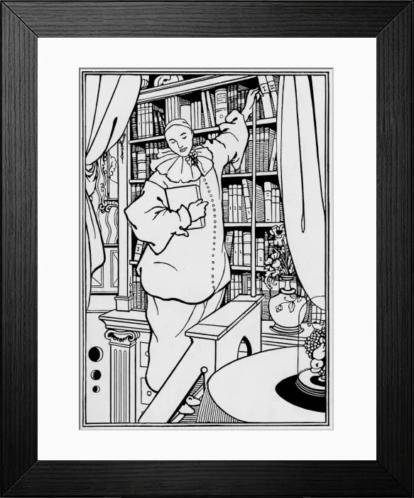 Framed Print : Pierrot. Illustration of Pierrot beside bookcase. Artist: Aubrey Beardsley Date: 1896 Framed Print : Pierrot. Illustration of Pierrot beside bookcase. Artist: Aubrey Beardsley Date: 1896