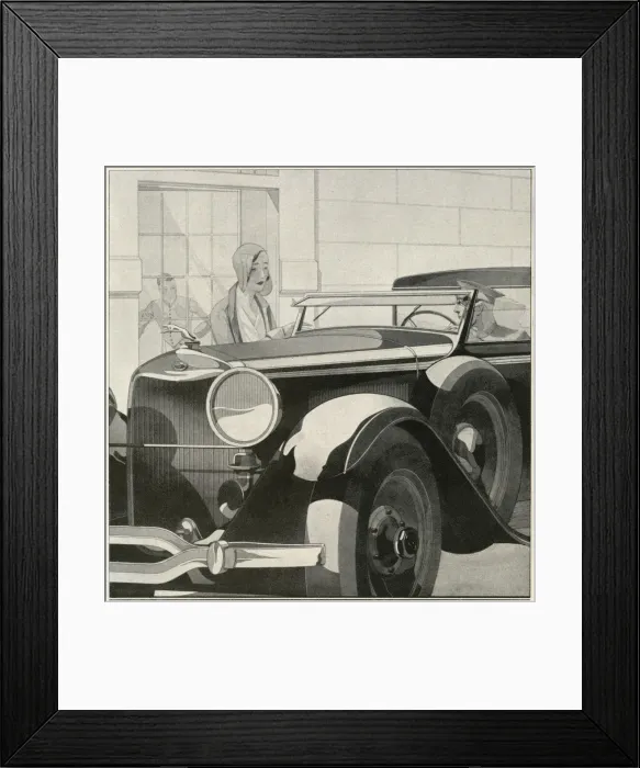 Framed Print : Motoring. Illustration of Jaguar car showing lady speaking to chauffeur Framed Print : Motoring. Illustration of Jaguar car showing lady speaking to chauffeur