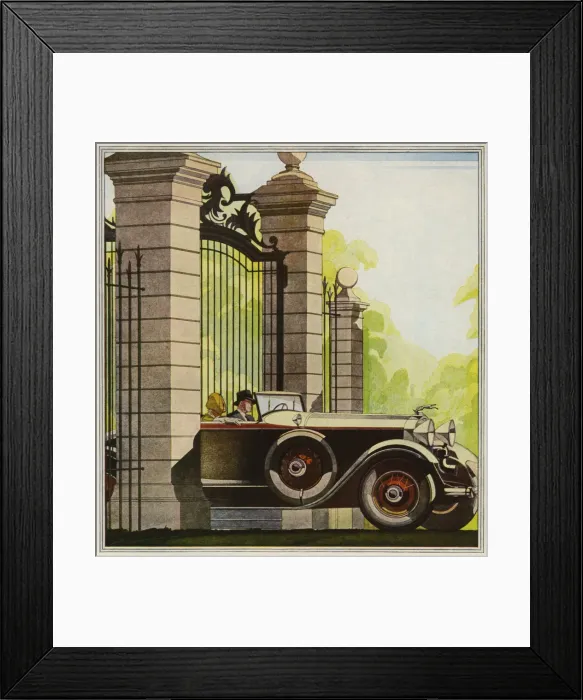 Framed Print : Motoring. Illustration of open top Jaguar car driving through grand gates Framed Print : Motoring. Illustration of open top Jaguar car driving through grand gates