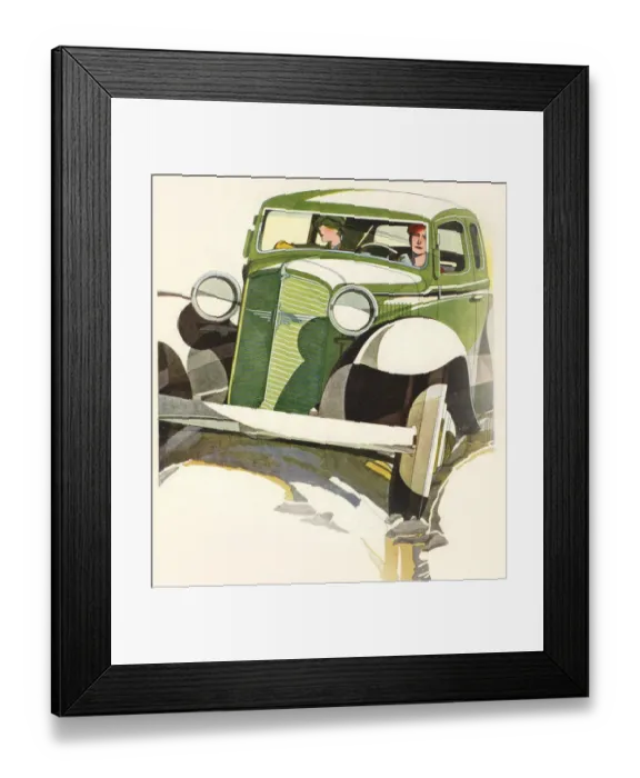 Framed Print : Motoring. Illustration of green Adler car with lady driver and passenger. Date: 1933 Framed Print : Motoring. Illustration of green Adler car with lady driver and passenger. Date: 1933