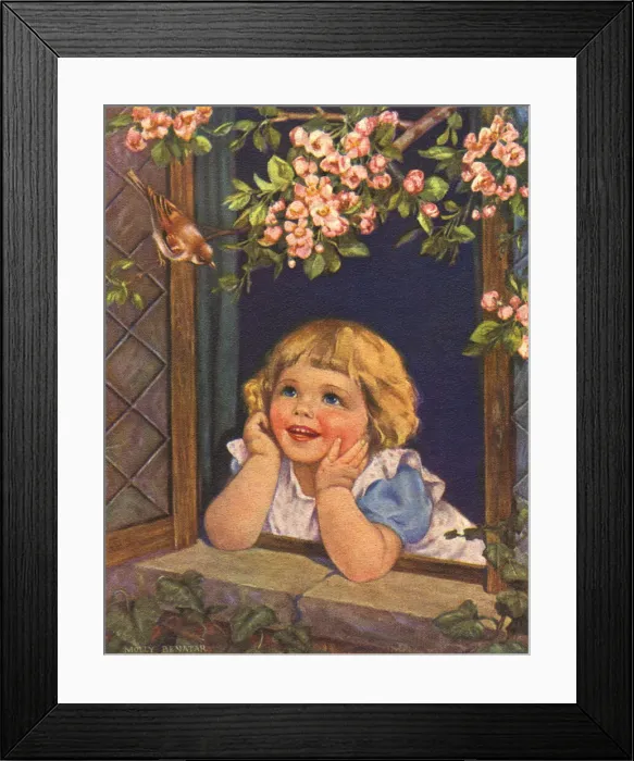 Framed Print : Children. Young girl looking at bird ouside window. Artist: Molly Benatar Date: circa 1930 Framed Print : Children. Young girl looking at bird ouside window. Artist: Molly Benatar Date: circa 1930