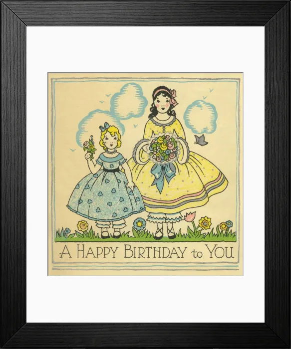 Framed Print : Children. A Happy Birthday to You. Two young girls carrying posies. Date: circa 1930 Framed Print : Children. A Happy Birthday to You. Two young girls carrying posies. Date: circa 1930
