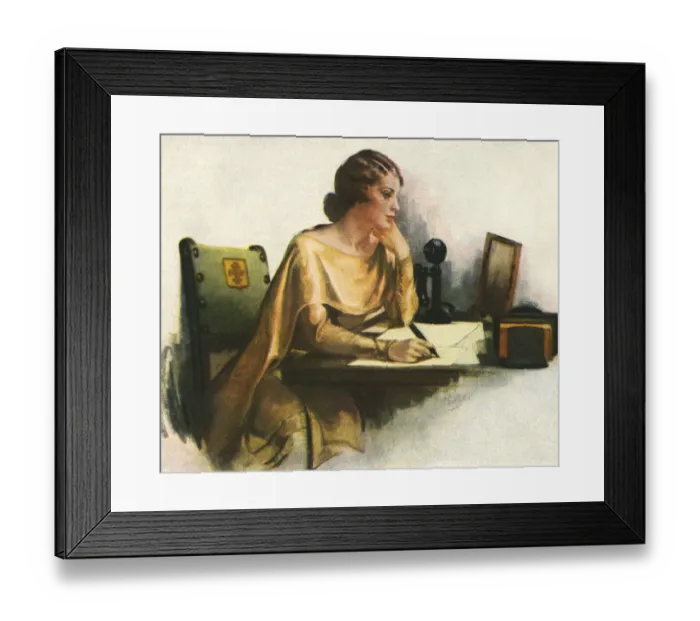 Framed Print : Glamour. Glamorous woman seated at writing desk composing a letter. Date: 1927 Framed Print : Glamour. Glamorous woman seated at writing desk composing a letter. Date: 1927