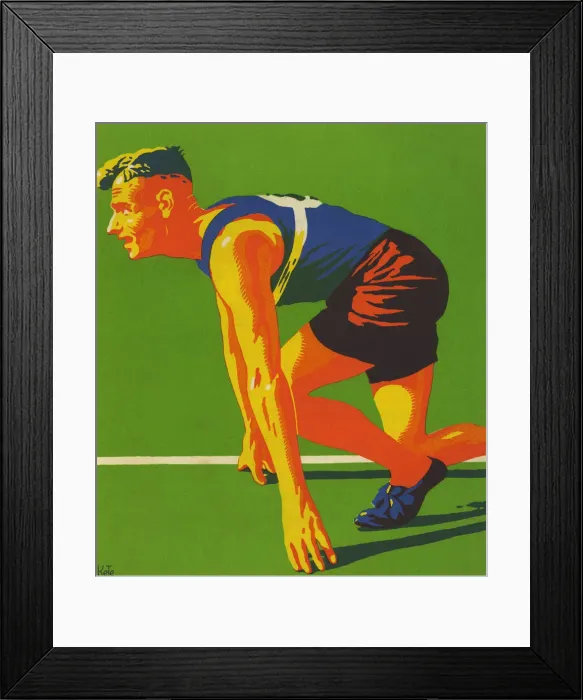 Framed Print : Athlete. Male athlete preparing for start of running race. Date: 1936 Framed Print : Athlete. Male athlete preparing for start of running race. Date: 1936