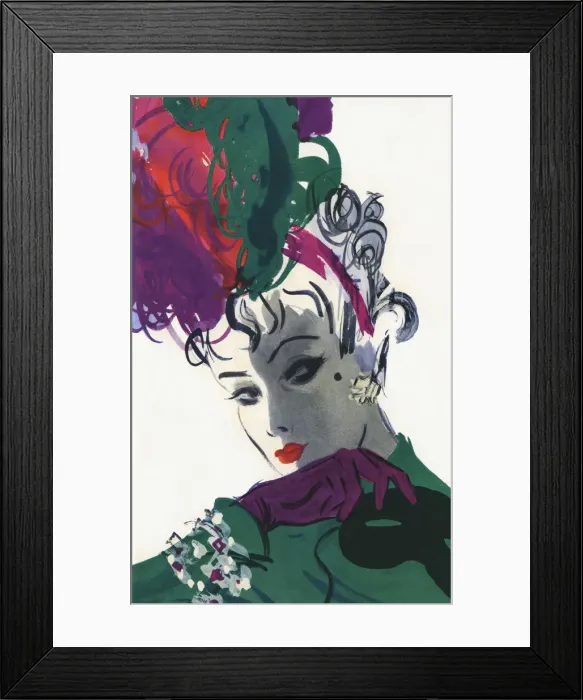 Framed Print : Glamour. Glamorous woman in tall purple and green feathered hat and purple gloves Framed Print : Glamour. Glamorous woman in tall purple and green feathered hat and purple gloves
