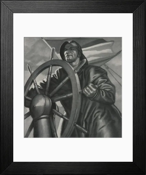 Framed Print : Seaman. Sailor in sou wester at helm of a boat. Date: 1940 Framed Print : Seaman. Sailor in sou wester at helm of a boat. Date: 1940