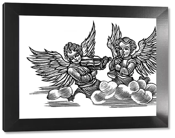 Angels. Woodcut of two angels playing musical instruments