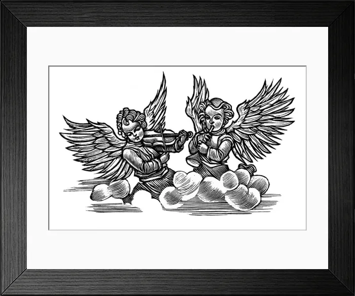 Framed Print : Angels. Woodcut of two angels playing musical instruments Framed Print : Angels. Woodcut of two angels playing musical instruments