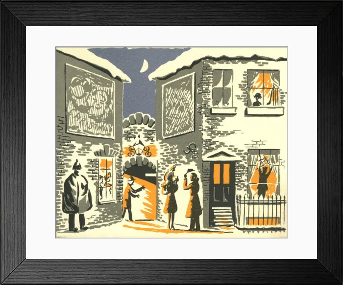 Framed Print : Christmas. Illustration of people in snowy 1940s Christmas townscape. Date: circa 1940 Framed Print : Christmas. Illustration of people in snowy 1940s Christmas townscape. Date: circa 1940