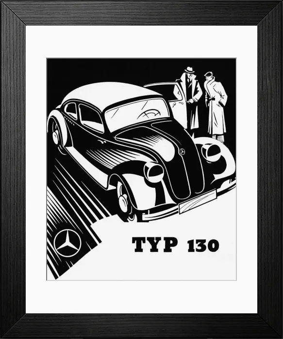 Framed Print : Mercedes. Black and white illustration of Mercedes 130. Date: 1935 Framed Print : Mercedes. Black and white illustration of Mercedes 130. Date: 1935