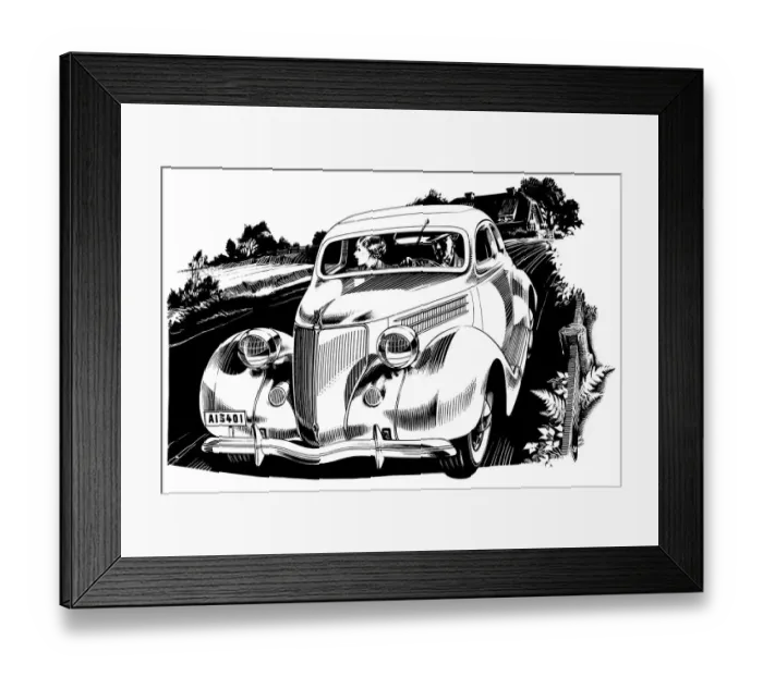 Framed Print : Car. Black and white illustration of car driving through countryside. Date: 1938 Framed Print : Car. Black and white illustration of car driving through countryside. Date: 1938