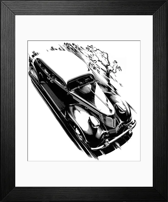 Framed Print : Fast car. Black and white illustration of saloon car driving fast. Date: 1938 Framed Print : Fast car. Black and white illustration of saloon car driving fast. Date: 1938