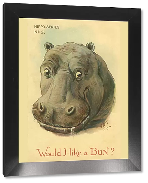 Hippo. Would I like a bun? Illustrated comic postcard of a hippo with mouth watering