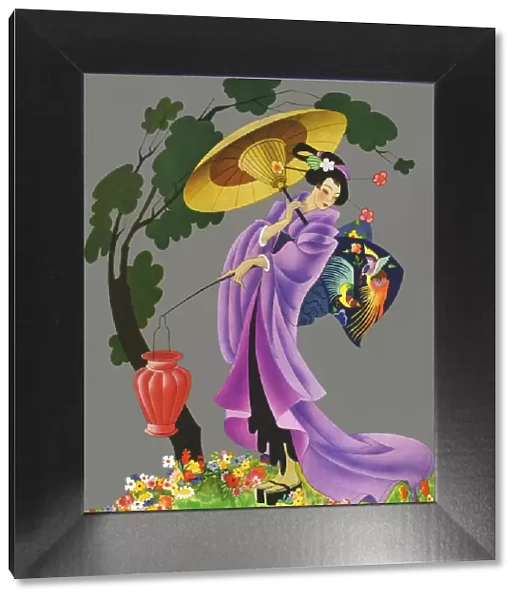 Geisha. Illustration of geisha in purple dress carrying a lantern and parasol. Date: 1936
