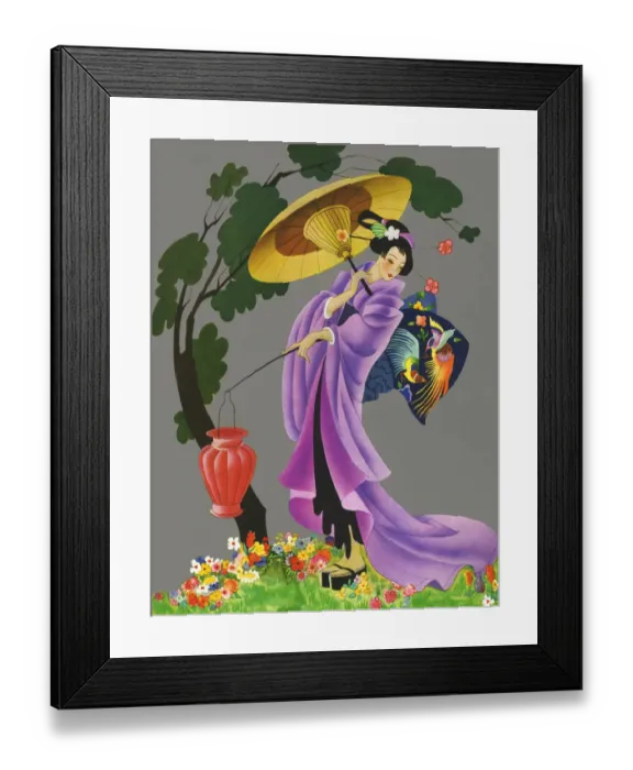 Framed Print : Geisha. Illustration of geisha in purple dress carrying a lantern and parasol. Date: 1936 Framed Print : Geisha. Illustration of geisha in purple dress carrying a lantern and parasol. Date: 1936