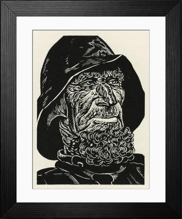 Framed Print : Fisherman. Woodcut of fisherman in sou wester. Date: 1928 Framed Print : Fisherman. Woodcut of fisherman in sou wester. Date: 1928