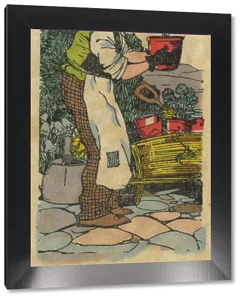 Gardening. Illustration of gardener holding plant in pot. Date: circa 1930