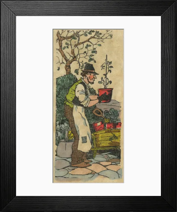 Framed Print : Gardening. Illustration of gardener holding plant in pot. Date: circa 1930 Framed Print : Gardening. Illustration of gardener holding plant in pot. Date: circa 1930