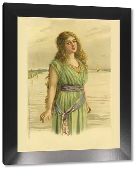 Glamour. Postcard illustration of woman in green dress standing in or by the sea