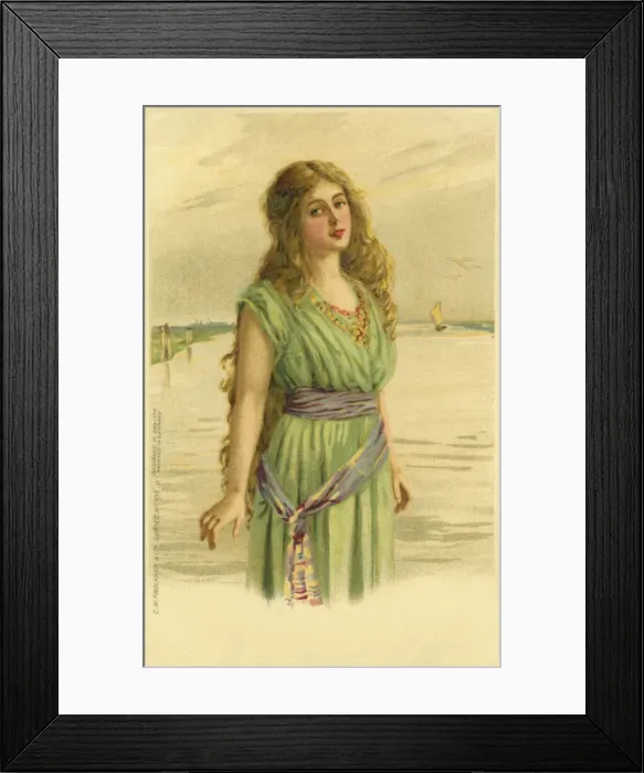 Framed Print : Glamour. Postcard illustration of woman in green dress standing in or by the sea Framed Print : Glamour. Postcard illustration of woman in green dress standing in or by the sea