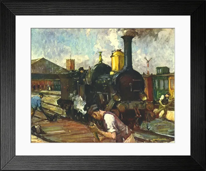 Framed Print : Trains. Painting of steam engine and railway workers mending track Framed Print : Trains. Painting of steam engine and railway workers mending track