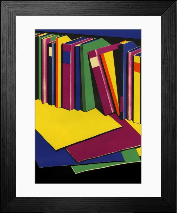 Framed Print : Books. Colourful illustration of books on a shelf. Date: 1933 Framed Print : Books. Colourful illustration of books on a shelf. Date: 1933