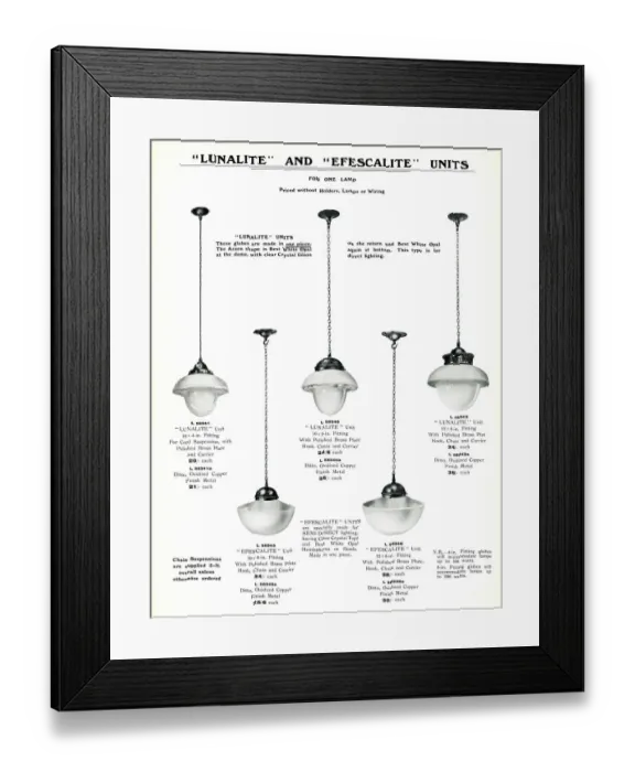 Framed Print : Electric Light Fixtures catalogue, Lunalite and Efescalite Framed Print : Electric Light Fixtures catalogue, Lunalite and Efescalite