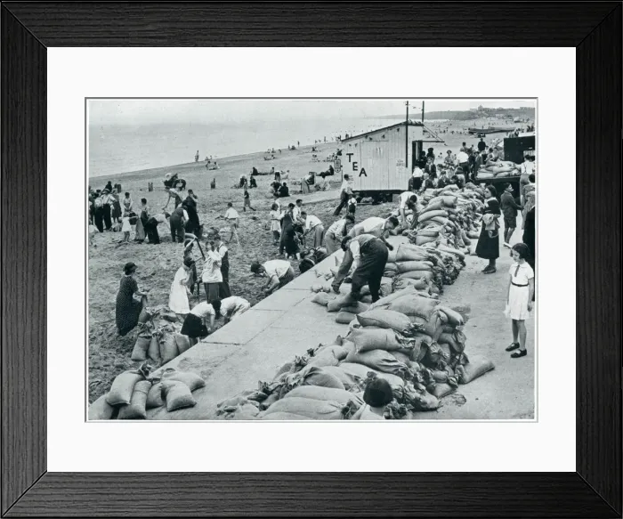 Framed Print : WWII September 1939 Holiday makers filling sandbags Framed Print : WWII September 1939 Holiday makers filling sandbags