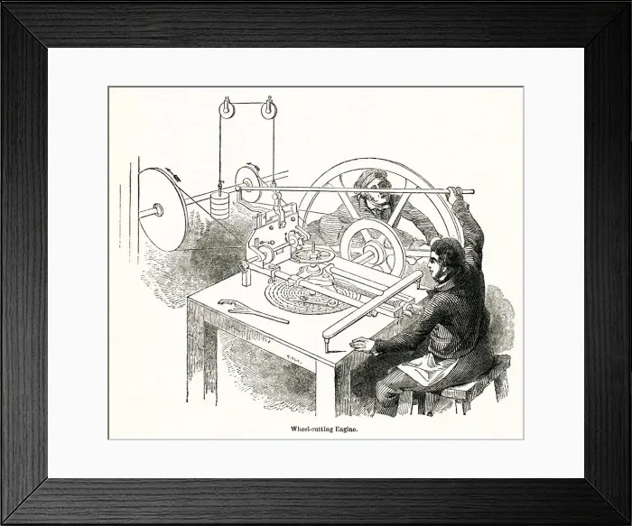 Framed Print : Wheel cutting at a clock factory, Moore and Co, London 1842 Framed Print : Wheel cutting at a clock factory, Moore and Co, London 1842