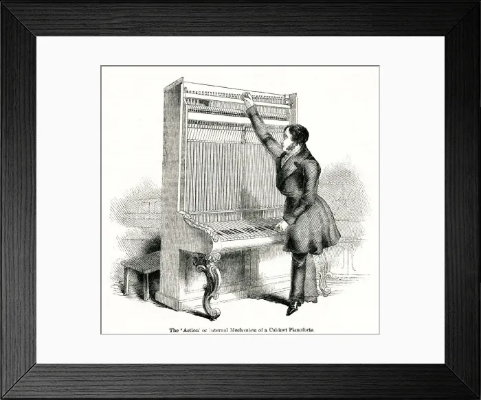 Framed Print : Inside a cabinet piano, Broadwood piano factory, London 1842 Framed Print : Inside a cabinet piano, Broadwood piano factory, London 1842