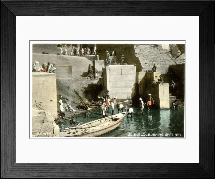 Framed Print : Benares, India, burning Ghat, cremation by the Ganges Framed Print : Benares, India, burning Ghat, cremation by the Ganges