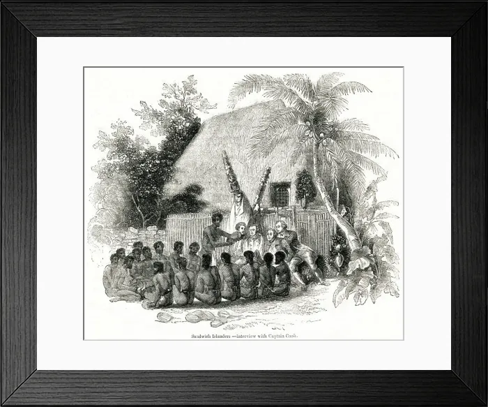 Framed Print : Captain Cook receives gifts from Sandwich Island natives Framed Print : Captain Cook receives gifts from Sandwich Island natives