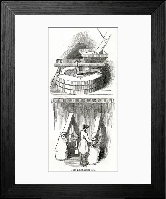 Framed Print : Grain mill and meal sacks at a distillery, south-west London Framed Print : Grain mill and meal sacks at a distillery, south-west London
