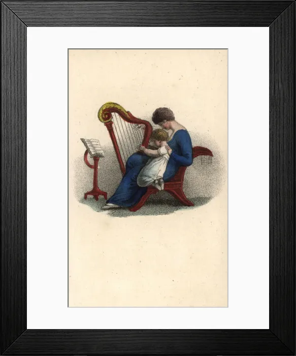 Framed Print : Mother teaching her child to play the harp in a music lesson Framed Print : Mother teaching her child to play the harp in a music lesson