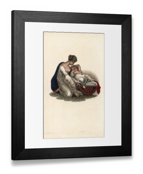Framed Print : Mother putting her child into a cradle