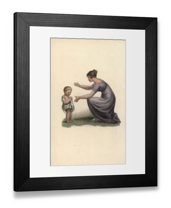 Framed Print : Baby taking its first step with mother Framed Print : Baby taking its first step with mother
